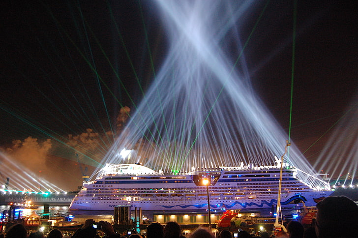 lighted stage, cruise ship, vehicle, illuminated, night, architecture