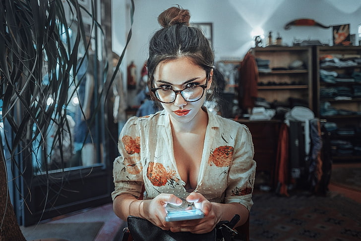women, model, women with glasses, cleavage, smartphone, makeup