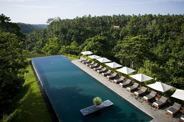 pool, Alila Ubud, sunbed, tourism, travel, forest, Indonesia, HD wallpaper