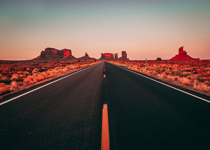 asphalt road, desert, clear sky, USA, landscape, direction, the way forward, HD wallpaper