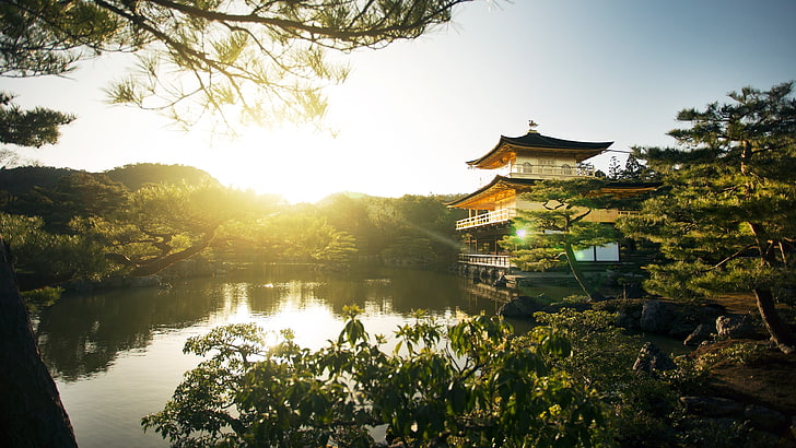 white and brown pagoda temple, landscape, kinkakuji, sunset, trees, HD wallpaper