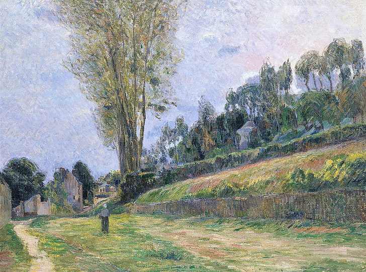 trees, landscape, picture, slope, path, Paul Gauguin, Street in Rouen, HD wallpaper