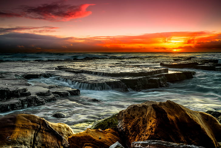 body of water flowing on rock formations during sunset, Tenderness, HD wallpaper