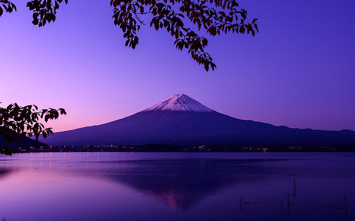 Mt. Fuji, lake, landscape, mountains, purple, reflection, HD wallpaper