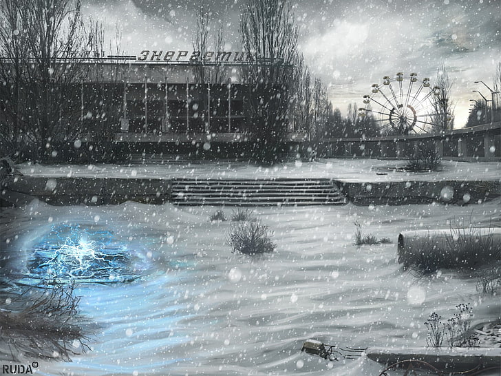 amusement park covered with snows painting, S.T.A.L.K.E.R., winter, HD wallpaper