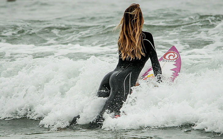 women's black wetsuit, sports, surfers, surfboards, motion, water
