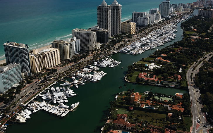 Florida, cityscape, panorama, aerial view, Miami, Indian creek, HD wallpaper