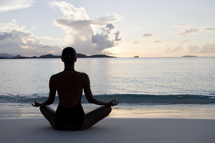women, sea, beach, yoga, meditation, exercising, water, relaxation exercise, HD wallpaper