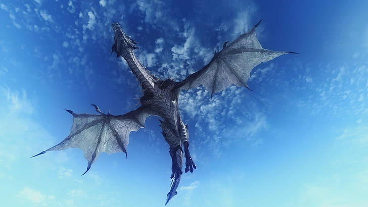 fantasy art, dragon, flying, sky, Dragon Wings, tail, clouds