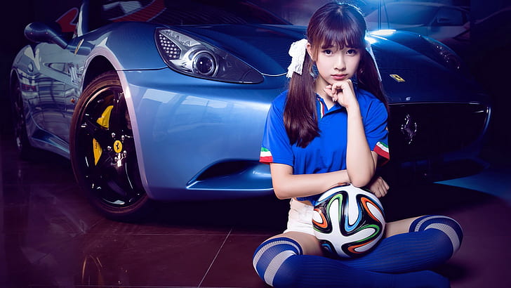 women, model, photography, Asian, car, Football, knee-highs, HD wallpaper