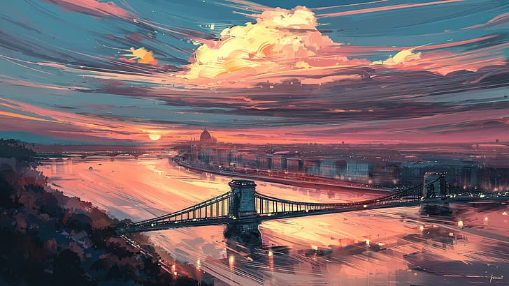 artwork, digital art, bridge, sunset, clouds, Aenami