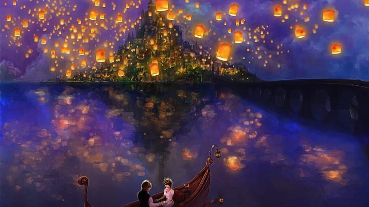 Beautiful painting, lampion in sky, boat, lovers
