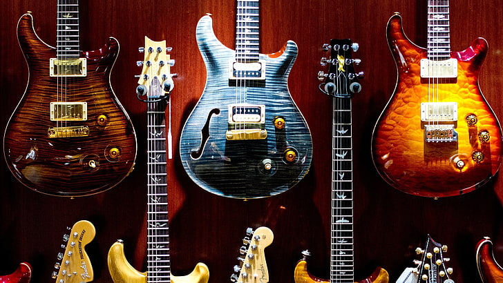 several assorted-color electric guitars, colorful, wall, musical instrument, HD wallpaper