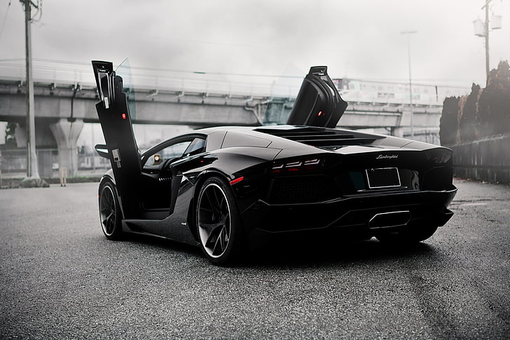 black Lamborghini Aventador coupe, ass, Lambo doors, PUR 4OUR Depth