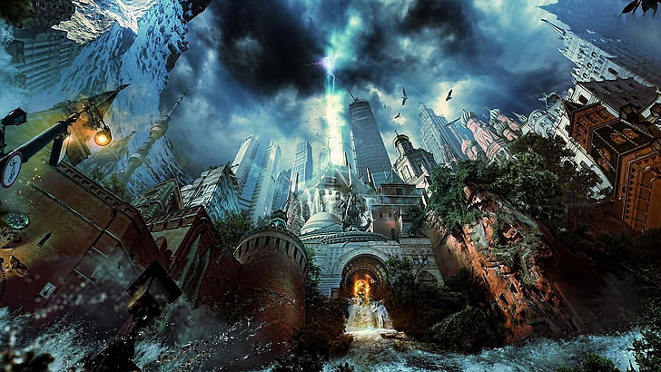 gray castle illustration, waterfall, storm, fantasy art, artwork