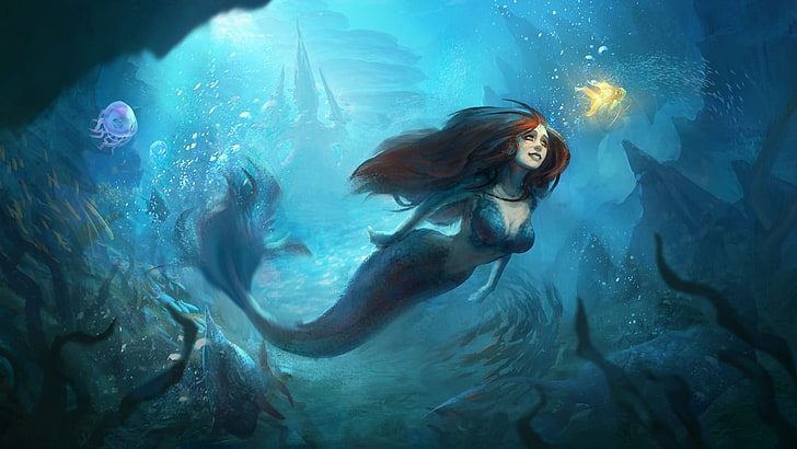 mermaid, underwater, fantasy art, fantasy world, underwater world, HD wallpaper