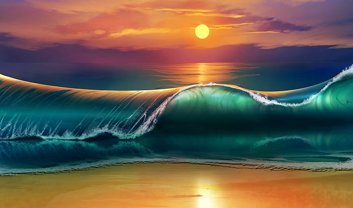 sea wave during daytime illustration, art, sunset, beach, waves