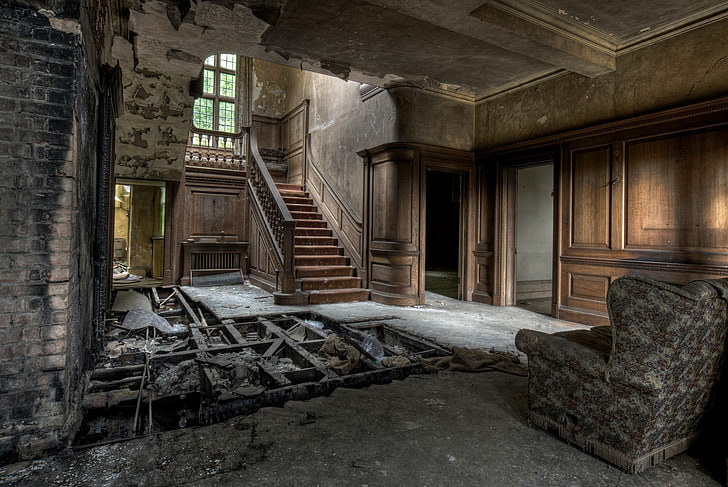 brown wooden stairway, ruin, interior, building, abandoned, architecture