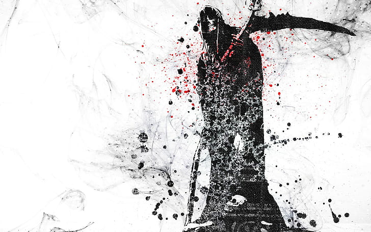 digital art artwork skull scythe grim reaper hoods dots paint splatter white background selective coloring smoke death spooky gothic, HD wallpaper