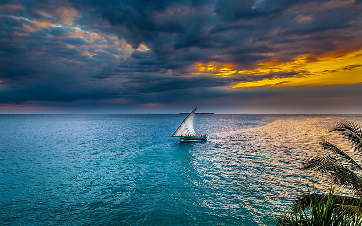 sailboat on body of water, sunset, sea, sky, sailing ship, nature