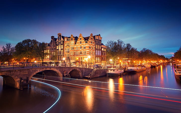 Amsterdam, Nederland, city, night, houses, bridge, canal, river, lights, boats