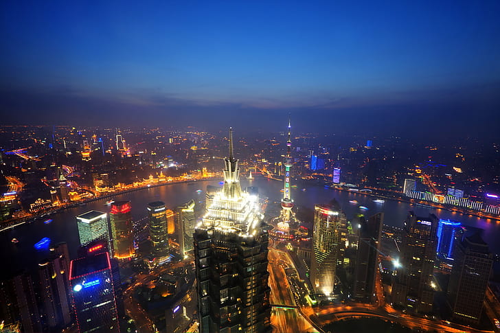 the sky, light, night, horizon, China, Shanghai, Oriental Pearl Tower