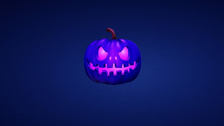 pumpkin, digital art, Halloween, blue background, purple, indoors, HD wallpaper
