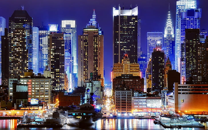 New York Night Lights Buildings Skyscrapers HD, city scape at night photography