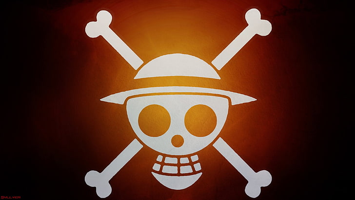 One Piece logo, Anime, Flag, Jolly Roger, Orange, Pirate, Skull