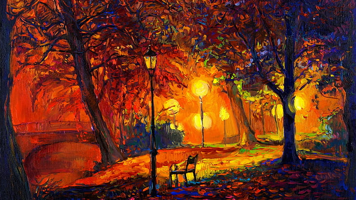 nature, artwork, park, fall, leaves, bench, lamp, trees, painting