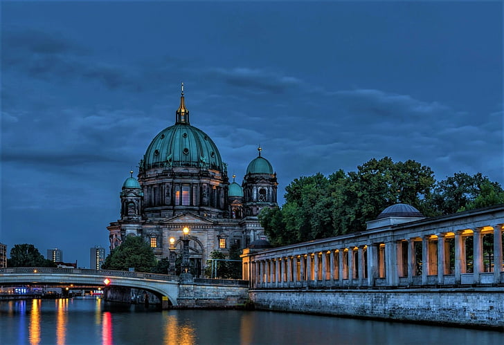 Cathedrals, Berlin Cathedral, Bridge, City, Dome, Dusk, Night, HD wallpaper