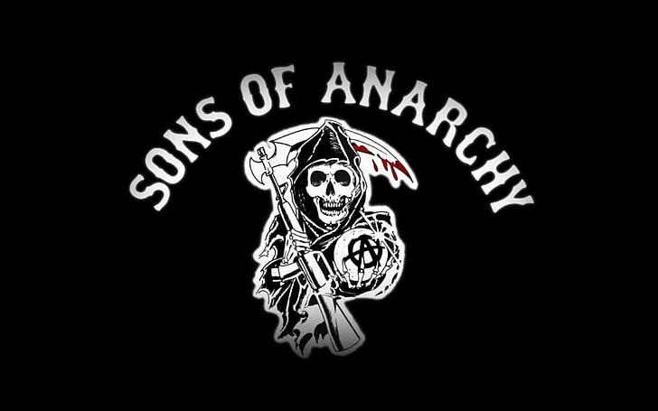 Sons of Anarchy text, black background, typography, human representation