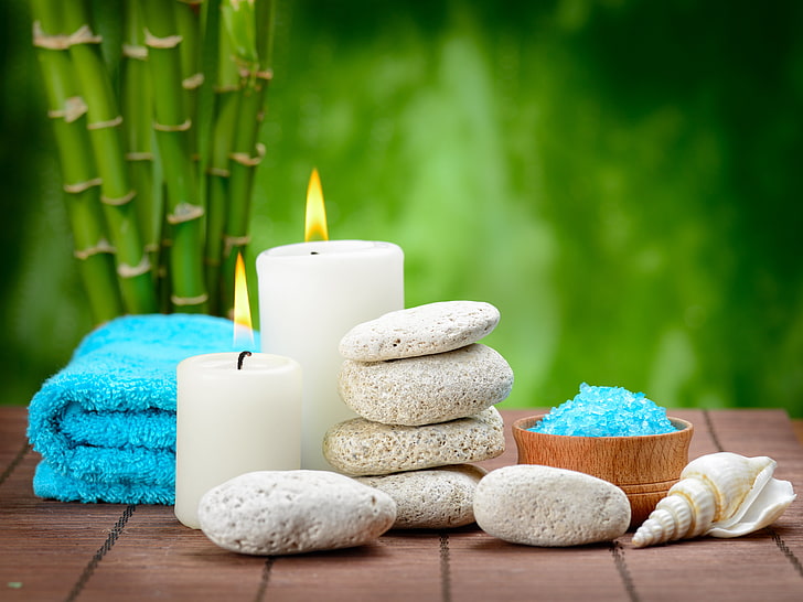 two white candles, stones, Spa, bamboo, salt, zen, bath salt, HD wallpaper