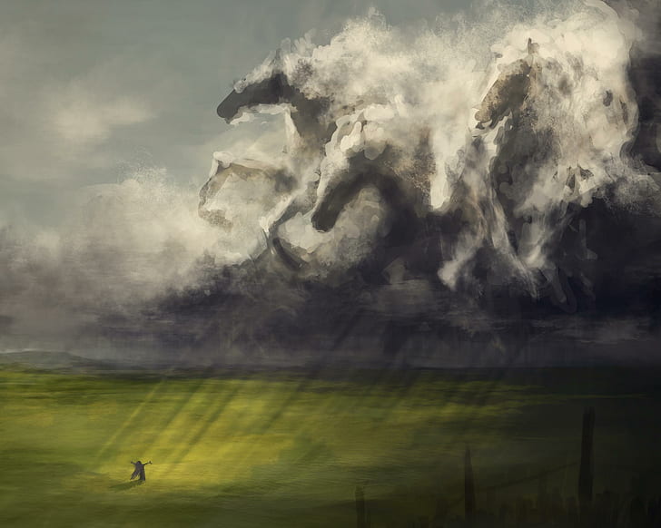 Horse Sky, cloud shape like horse painting, grass, magic, rain