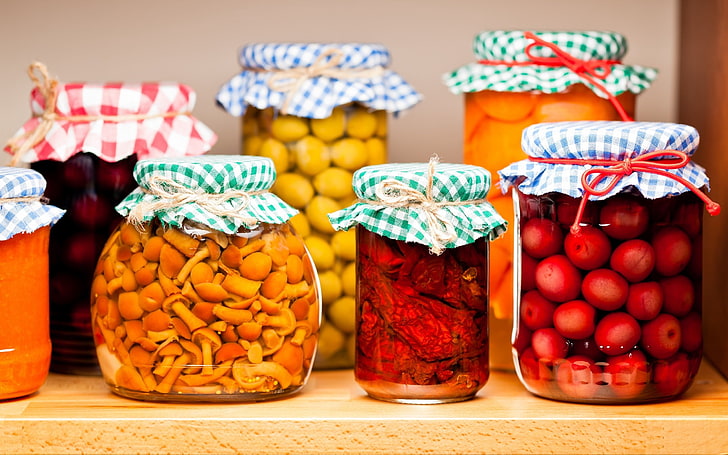 clear glass jars, marinated, vegetables, berries, banks, food, HD wallpaper