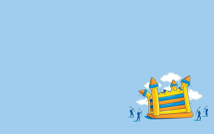 yellow, blue, and orange inflatable castle, minimalism, humor