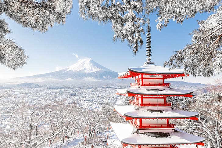 winter, snow, trees, branches, mountain, the volcano, Japan
