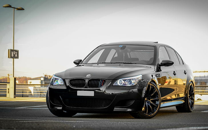 BMW M5 E60, black, Sedan, parking, sky, HD wallpaper