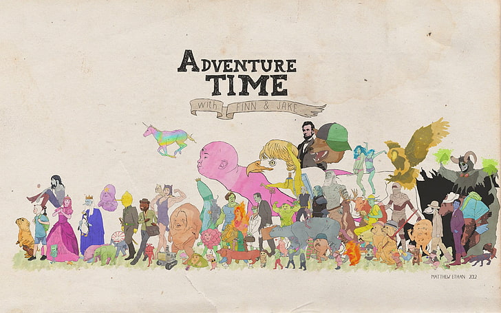 Adventure Time painting, text, large group of people, real people