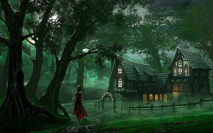 Fairy Tale Night, woman in red dress walking near house painting