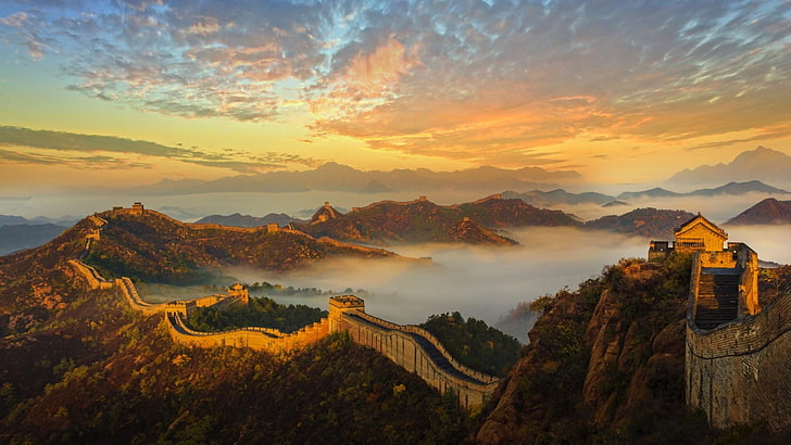 nature, sky, dawn, great wall, mountain, sunrise, china, morning, HD wallpaper