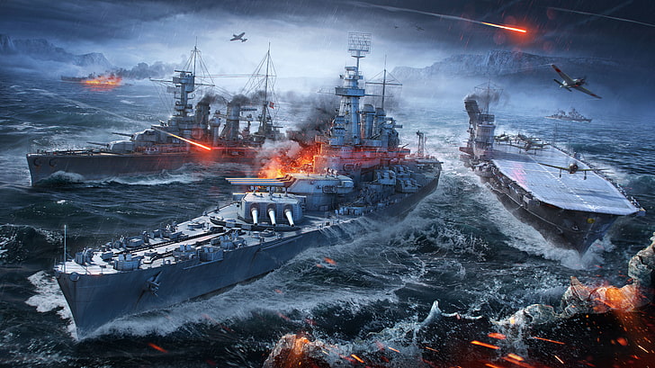 two warships and one aircraft carrier wallpaper, world of warships