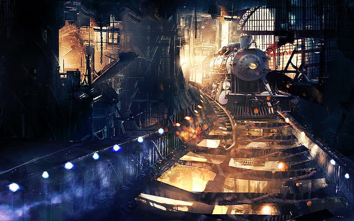 train, digital art, artwork, steampunk, train station, fantasy art, HD wallpaper
