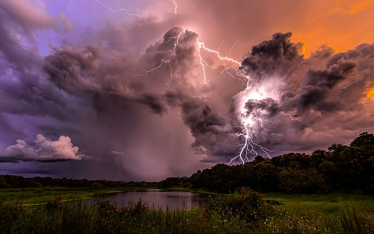 Lightning clouds storm, rain, sky, Night, Lake, trees, Nature, HD wallpaper