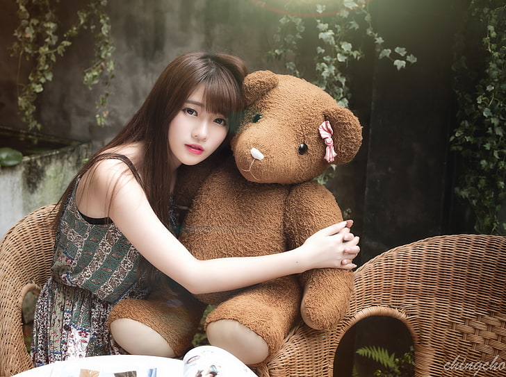 Asian Girl, Teddy Bear, Cute, Beautiful, People, Dreamy, Young, HD wallpaper