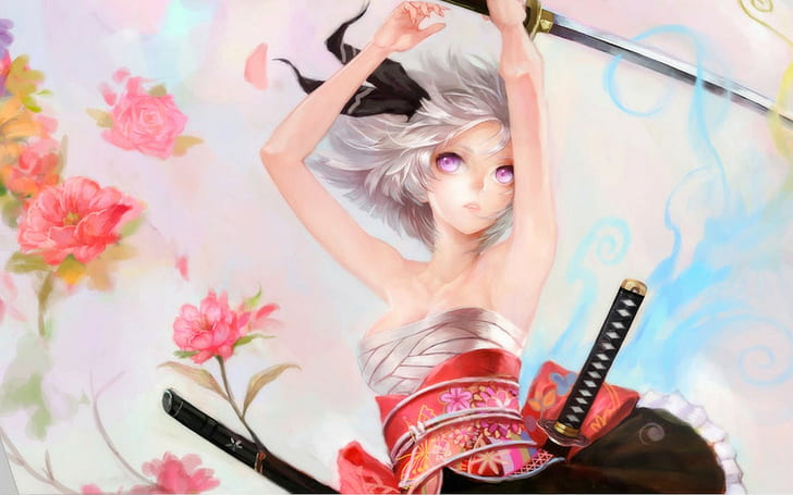 Anime Girls, Touhou, Konpaku Youmu, Sword, girl with katana anime illustration, HD wallpaper