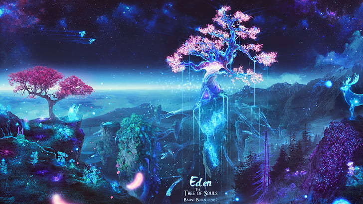 Eden, space, fantasy art, trees, sakura (tree), nature, galaxy, HD wallpaper