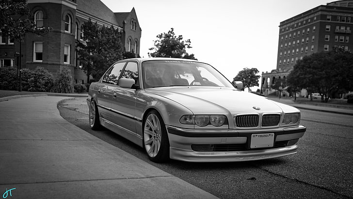 grayscale photo of BMW sedan, bmw E38, car, monochrome, silver cars
