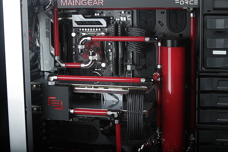 black and red computer motherboard, PC gaming, technology, water cooling