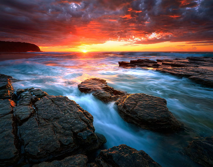 Rissing sun seascape, silhouette of river, HD, Sydney, Rising sun, HD wallpaper
